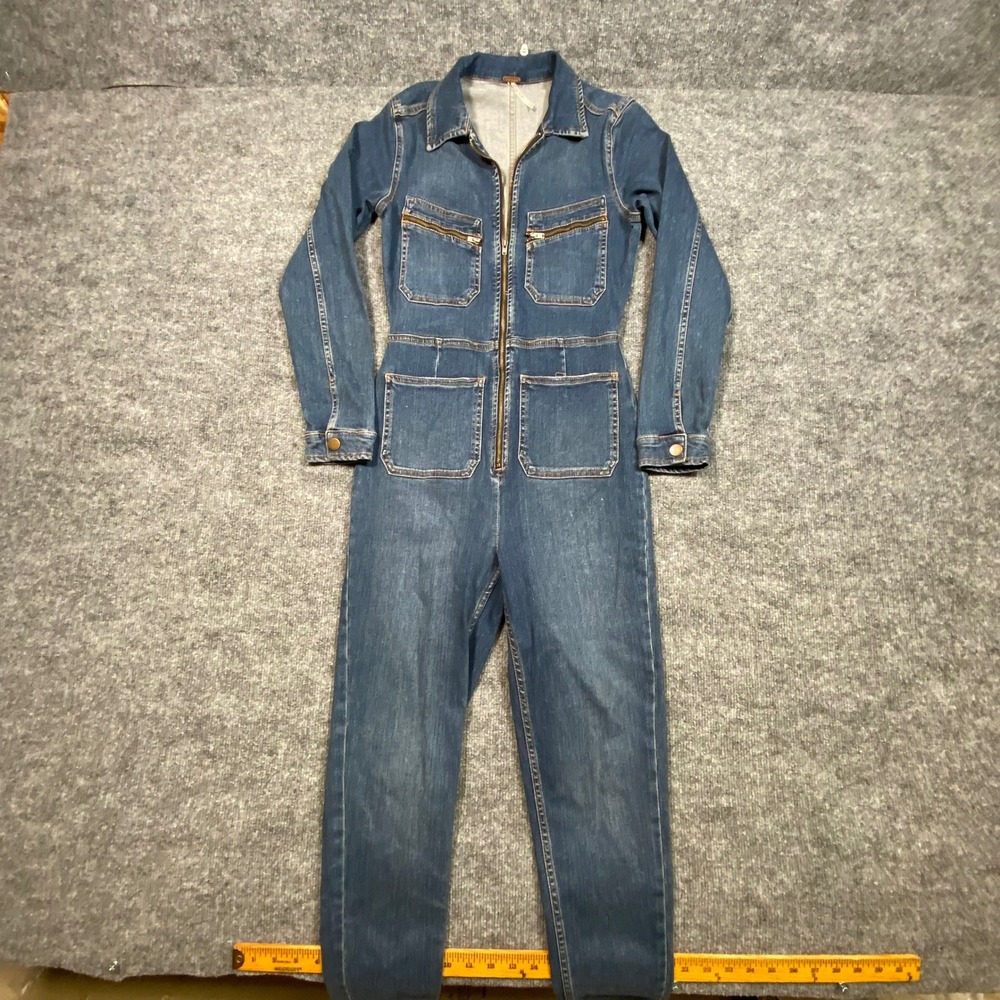 Free People Marci Denim Jumpsuit Medium Wash Blue Long Sleeve Zip Front Size S